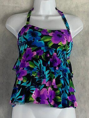 Island Escape Floral Ruffled Bandeau Tankini Swim Top Swimsuit, Purple Multi, 6